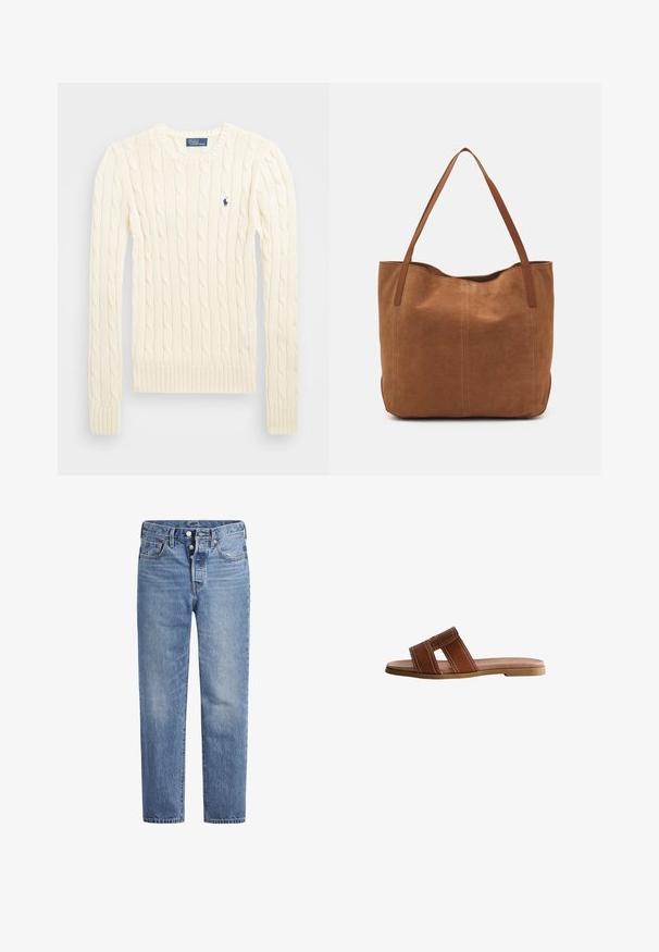 Cream cable-knit sweater with long sleeves, ribbed cuffs and hem, featuring a small embroidered logo on the left chest.; Light blue denim jeans with a straight cut, five-pocket design, and a button fly. Features subtle fading and orange stitching accents.; Brown leather slide sandal with two wide straps, white stitching accents, flat rubber sole, and smooth, streamlined design.; Brown suede tote bag with two long handles, featuring a smooth texture, simple design, and no visible hardware or accents.
