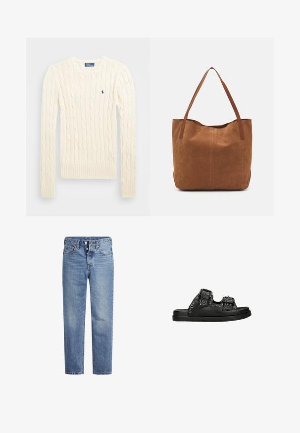Kremowy sweter w splot kabelkowy z długimi rękawami, ściągaczami przy mankietach i u dołu, z małym haftowanym logo na lewej piersi.; Jasnoniebieskie jeansy denimowe o prostym kroju, z pięcioma kieszeniami i zapięciem na guziki. Charakteryzują się delikatnym wyblaknięciem oraz pomarańczowymi przeszyciami.; Czarne klapki wykonane z gładkiej skóry z dwoma paskami na klamry i okrągłymi, srebrnymi oczkami. Płaska podeszwa i otwarty czubek.; Brązowa zamszowa torba tote z dwoma długimi uchwytami, charakteryzująca się gładką teksturą, prostym wzornictwem oraz brakiem widocznych elementów metalowych czy akcentów.