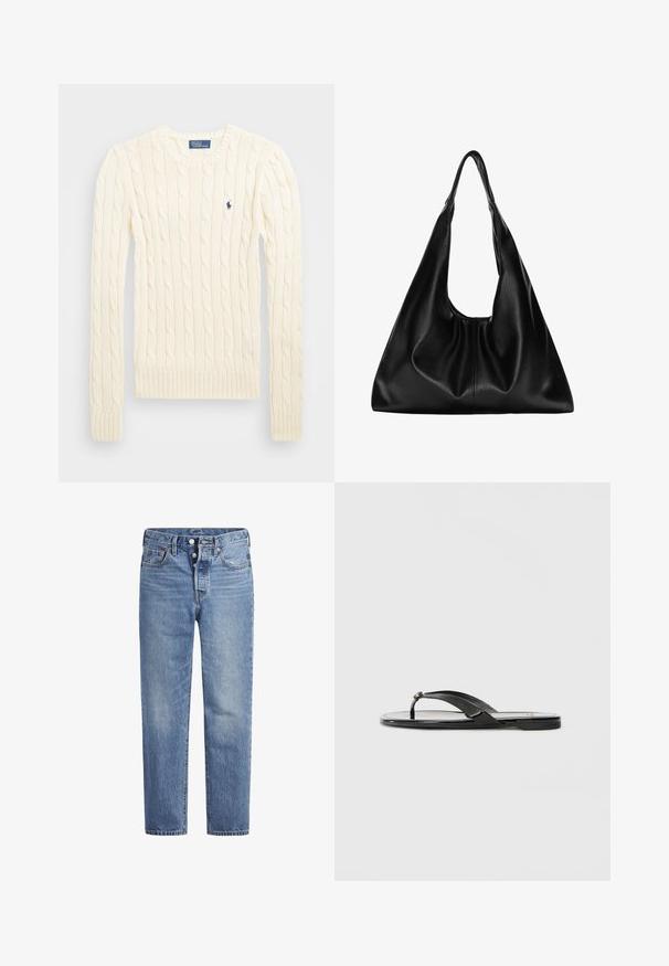 Kreemi kaabliga kudumiga sviiter pikkade varrukatega, ribakardinate ja hemiga, millel on vasakul rinnal väike tikkitud logo.; Vaaleansiniset farkut suoran leikkauksen, viiden pussin designin ja nappisuljenta. Ominaisuuksiin kuuluu hienoinen haalistuminen ja oranssit ompeleet.; Musta flip-flop-sandaali, jossa on kiiltävä pinta, ohut hihna ja pieni koristeellinen yksityiskohta kengän varvasosassa. Littee pohja.; Mustalla nahka hobo-laukku, jossa on pehmeä, kaareva muoto. Varustettu leveällä yläkahvalla ja poimuilla pohjassa, mikä antaa rennon tekstuurin.