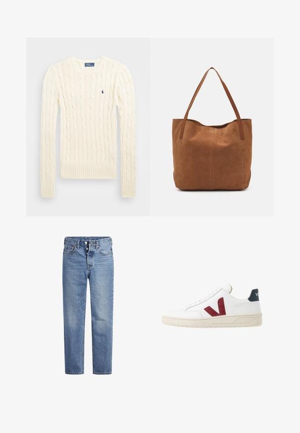 Krém színű, kabelmintás pulóver hosszú ujjal, bordás mandzsettával és aljjal, bal mellen egy kis hímzett logóval.; Világoskék farmernadrág egyenes szabással, öt zsebes dizájnnal és gombos nyereggel. Finom kopásokkal és narancssárga varrási részletekkel rendelkezik.; Fehér bőr sneaker burgundi 'V' logóval, textúrázott gumitalppal és tengerészkék kiegészítővel a sarkán; klasszikus fűzős dizájnnal rendelkezik.; Barna velúr táska két hosszú fogantyúval, sima textúrával, egyszerű dizájnnal, és látható fém részek vagy díszítés nélkül.
