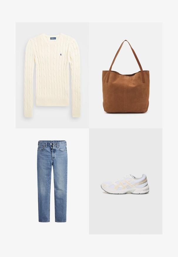 Krém színű, kabelmintás pulóver hosszú ujjal, bordás mandzsettával és aljjal, bal mellen egy kis hímzett logóval.; Világoskék farmernadrág egyenes szabással, öt zsebes dizájnnal és gombos nyereggel. Finom kopásokkal és narancssárga varrási részletekkel rendelkezik.; Fehér sportcipő hálós anyagból, világos narancs és szürke részletekkel, texturált talppal és párnázott nyakkal a kényelem érdekében.; Barna velúr táska két hosszú fogantyúval, sima textúrával, egyszerű dizájnnal, és látható fém részek vagy díszítés nélkül.