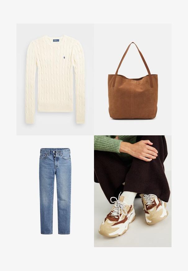 Crème kabelbreiselsweater met lange mouwen, geribbelde manchetten en zoom, met een klein geborduurd logo op de linkerkant van de borst.; Lichtblauwe spijkerbroek met een rechte snit, vijf zakken en een knoopsluiting. Heeft subtiele vervaging en oranje stikselaccenten.; Steve Madden POSSESSIONE - Sneakers laag - brown/sand; Bruine suède shoppers met twee lange handvatten, met een gladde textuur, eenvoudig ontwerp en zonder zichtbare hardware of accenten.