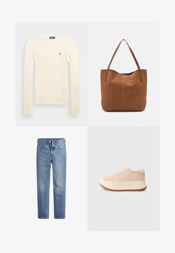 Kremfarget cable-knit genser med lange ermer, ribbede mansjetter og hem, med en liten brodert logo på venstre bryst.; Lyseblå denimjeans med rett snitt, fem-lomme design og knappeåpning. Har subtile falminger og oransje sømdetaljer.; Rosa semskesneaker med rund tå, snøring foran og plattformsåle. Har teksturerte detaljer og en kontrasterende kremfarget hælflik.; Brun semsketotebag med to lange håndtak, som har en glatt tekstur, enkelt design, og ingen synlig maskinvare eller aksenter.