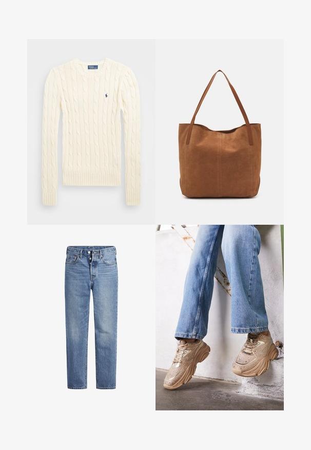 Maglione crema a costine con maniche lunghe, polsini e orlo a coste, caratterizzato da un piccolo logo ricamato sul lato sinistro del petto.; Jeans in denim blu chiaro con taglio dritto, design a cinque tasche e chiusura con bottone. Presentano una leggera sbiaditura e dettagli in cucitura arancione.; Sneaker beige con accenti metallici, design testurizzato e dettagli in strass, abbinati a jeans dritti di colore blu chiaro.; Borsa a spalla in suede marrone con due manici lunghi, caratterizzata da una texture liscia, design semplice e senza hardware o dettagli visibili.