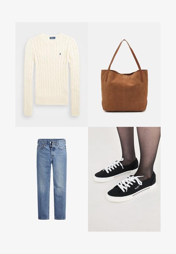 Krém színű, kabelmintás pulóver hosszú ujjal, bordás mandzsettával és aljjal, bal mellen egy kis hímzett logóval.; Világoskék farmernadrág egyenes szabással, öt zsebes dizájnnal és gombos nyereggel. Finom kopásokkal és narancssárga varrási részletekkel rendelkezik.; Fekete vászon sportcipők fehér fűzőkkel, fehér gumitalppal és oldalsó csíkkal. A külső oldalakon logó található.; Barna velúr táska két hosszú fogantyúval, sima textúrával, egyszerű dizájnnal, és látható fém részek vagy díszítés nélkül.