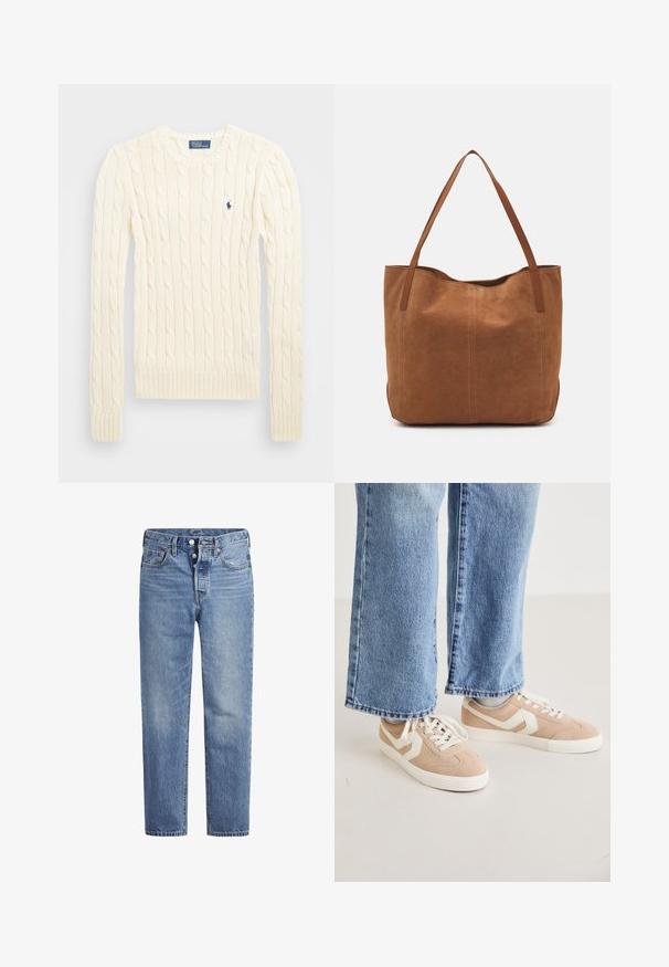 Kremfarget cable-knit genser med lange ermer, ribbede mansjetter og hem, med en liten brodert logo på venstre bryst.; Lyseblå denimjeans med rett snitt, fem-lomme design og knappeåpning. Har subtile falminger og oransje sømdetaljer.; Beige semskinn sneakers med hvite detaljer, flat gummisåle og snøring. Bært med lyseblå vide jeans.; Brun semsketotebag med to lange håndtak, som har en glatt tekstur, enkelt design, og ingen synlig maskinvare eller aksenter.