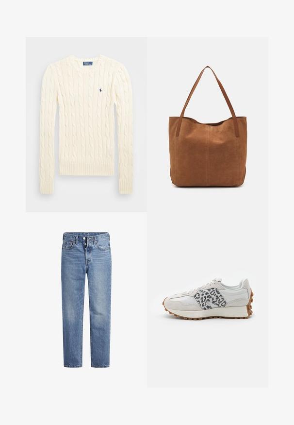 Pulover crem tricotat cu cablu, cu mâneci lungi, manșete și tiv ribdate, având un mic logo brodat pe pieptul stâng.; Jeans din denim de un albastru deschis, cu croi drept, design cu cinci buzunare și închidere cu buton. Prezintă decolorări subtile și cusături accentuate de culoare portocalie.; Adidași albi cu accente de imprimeu leopard gri, materiale din suede și piele, talpă texturată cu talpă din cauciuc natural, vârf rotund și design cu șireturi.; Geantă tote din suede maro, cu două mânere lungi, caracterizată printr-o textură netedă, un design simplu și fără accesorii sau elemente metalice vizibile.