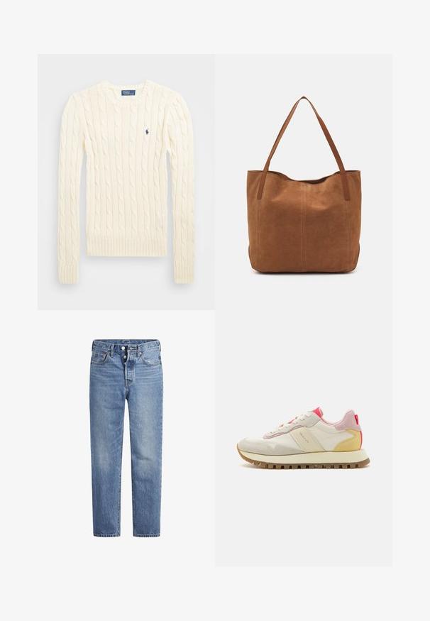 Pulover crem tricotat cu cablu, cu mâneci lungi, manșete și tiv ribdate, având un mic logo brodat pe pieptul stâng.; Jeans din denim de un albastru deschis, cu croi drept, design cu cinci buzunare și închidere cu buton. Prezintă decolorări subtile și cusături accentuate de culoare portocalie.; Adidași cu un detaliu superior din piele crem, accente din suede roz și o tocul galben, având o talpă din cauciuc și șireturi albe.; Geantă tote din suede maro, cu două mânere lungi, caracterizată printr-o textură netedă, un design simplu și fără accesorii sau elemente metalice vizibile.