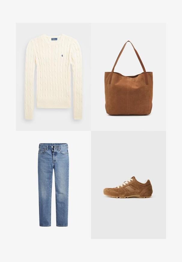 Kreemi kaabliga kudumiga sviiter pikkade varrukatega, ribakardinate ja hemiga, millel on vasakul rinnal väike tikkitud logo.; Vaaleansiniset farkut suoran leikkauksen, viiden pussin designin ja nappisuljenta. Ominaisuuksiin kuuluu hienoinen haalistuminen ja oranssit ompeleet.; Suede ruskeat tennarit, joissa on kermaiset nauhat, tekstuuriset sivupaneelit ja uritettu kumipohja. Pyöristetty kärki ja pehmustettu kaulus.; Ruskean mokkanahkainen olkalaukku, jossa on kaksi pitkää kantohihnaa. Laukussa on sileä pinta, yksinkertainen muotoilu ja ei näkyviä materiaaleja tai koristeita.