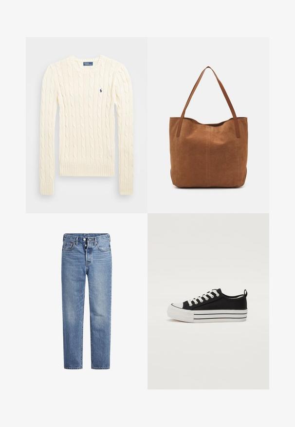 Cremefarvet kabelstrikket sweater med lange ærmer, ribbede manchetter og kant, med et lille broderet logo på venstre bryst.; Lyseblå denimjeans med lige pasform, fem-lomme-design og knaplukning. Har subtile falmede detaljer og orange søm.; Sort lærredssneaker med rund tå, hvid gummisål og tre hvide vandrette striber. Har hvide snørebånd og en hælløkke.; Brun ruskinds tote bag med to lange håndtag, der har en glat tekstur, enkelt design og ingen synlige metaldele eller accenter.