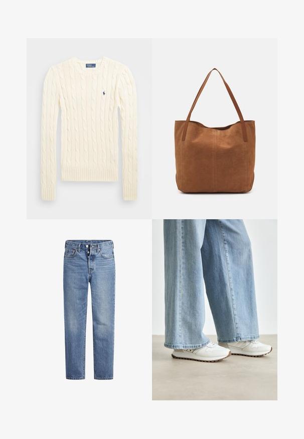 Maglione crema a costine con maniche lunghe, polsini e orlo a coste, caratterizzato da un piccolo logo ricamato sul lato sinistro del petto.; Jeans in denim blu chiaro con taglio dritto, design a cinque tasche e chiusura con bottone. Presentano una leggera sbiaditura e dettagli in cucitura arancione.; Sneakers bianchi con tomaia testurizzata e suola in gomma marrone chiaro, abbinati a jeans a gamba larga blu chiaro con orlo sfilacciato.; Borsa a spalla in suede marrone con due manici lunghi, caratterizzata da una texture liscia, design semplice e senza hardware o dettagli visibili.