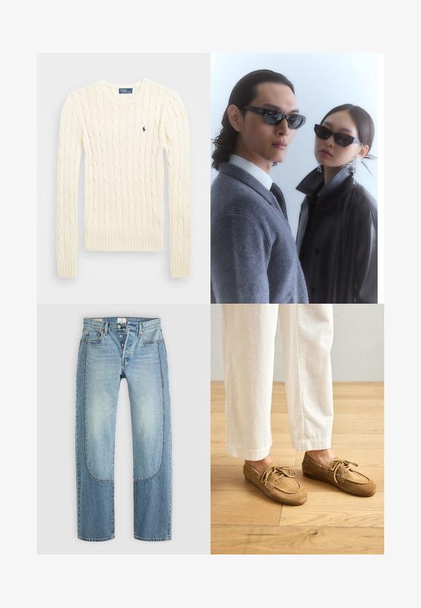 Crème kabelbreiselsweater met lange mouwen, geribbelde manchetten en zoom, met een klein geborduurd logo op de linkerkant van de borst.; Lichtblauwe denim jeans met een rechte, losse pasvorm, voorzien van contrasterende paneeldetails en een vijf-pocket ontwerp. Knopen vloogsluiting.; Bruine suède bootschoenen met veters, met een ronde neus en gestikte accenten. G gecombineerd met witte corduroy broek in een houten omgeving.; Zonnebril met hoekige zwarte frames op een model in een grijs sweater, waarin een gestructureerde brei te zien is, en een zwart leren jack gedragen door een ander model.; Zwarte leren handtas met een gebogen vorm, gouden studs langs de rand, een verstelbare schouderband en een zijlus voor extra detail.