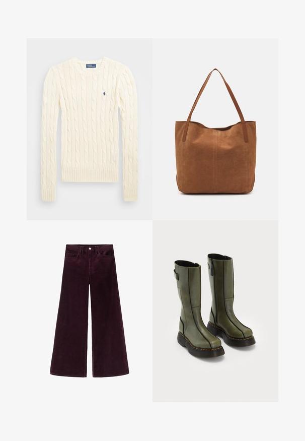 Crème kabelbreiselsweater met lange mouwen, geribbelde manchetten en zoom, met een klein geborduurd logo op de linkerkant van de borst.; Wijde corduroy broek in diep bordeauxrood, met een hoge tailleband, knoopsluiting en klassiek vijf-pocket ontwerp met ribbelstructuur.; Een paar olijfgroene leren laarzen tot halverwege de kuit met zwarte dikke zolen en oranje stiksels, voorzien van zijritsen en een banddetail aan de bovenkant van de achterkant.; Bruine suède shoppers met twee lange handvatten, met een gladde textuur, eenvoudig ontwerp en zonder zichtbare hardware of accenten.