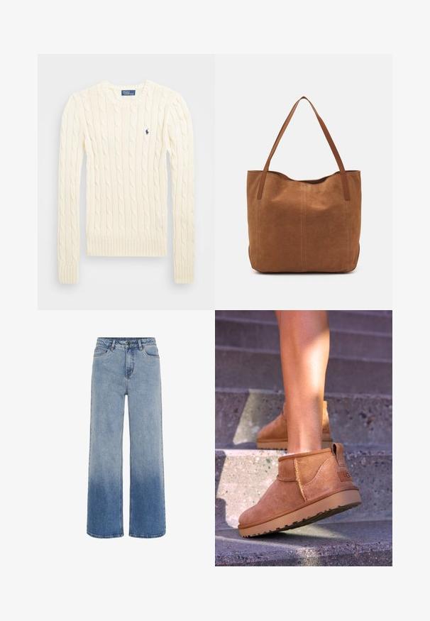 Pulover crem tricotat cu cablu, cu mâneci lungi, manșete și tiv ribdate, având un mic logo brodat pe pieptul stâng.; Jeans din denim albastru cu talie înaltă, cu picioare largi și o decolorare în gradient de la albastru deschis la albastru închis în partea de jos.; Botine bej din suede cu o textură moale, detalii cusute și o talpă din cauciuc, având un călcâi cu buclă pentru o utilizare ușoară.; Geantă tote din suede maro, cu două mânere lungi, caracterizată printr-o textură netedă, un design simplu și fără accesorii sau elemente metalice vizibile.