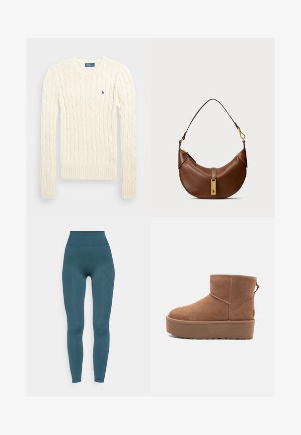 Κρεμ πουλόβερ με πλέξη καλωδίου, μακριά μανίκια, ριμπ μανσέτες και στρίφωμα, που διαθέτει ένα μικρό κεντημένο λογότυπο στην αριστερή πλευρά του στήθους.; Hunkemöller SEAMLESS - Κολάν - green; Καφέ σουέντ μπότα αστραγάλου με πλατφόρμα, στρογγυλή μύτη και ραφές ως διακοσμητικά στοιχεία; διαθέτει και κωδικό στο πίσω μέρος για εύκολη φόρεση.; Καφέ δερμάτινη τσάντα ώμου με καμπυλωτό σχήμα, χρυσές λεπτομέρειες, κλείσιμο στην κορυφή και ακAccent του λογότυπου. Απαλή υφή με ραμμένες άκρες.
