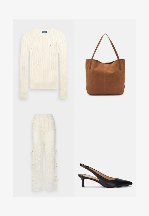 Cream cable-knit sweater with long sleeves, ribbed cuffs and hem, featuring a small embroidered logo on the left chest.; Cream-colored lace trousers with an elastic waistband, featuring floral patterns and ties at the sides for adjustable fit.; Black leather slingback pump with a pointed toe, low kitten heel, and smooth texture. Features an open back design and minimal stitching details.; Brown suede tote bag with two long handles, featuring a smooth texture, simple design, and no visible hardware or accents.