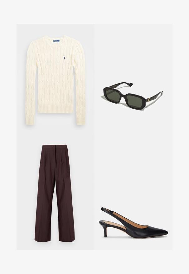 Pull en maille torsadée crème avec manches longues, poignets et ourlet côtelés, présentant un petit logo brodé sur la poitrine gauche.; Pantalon large en tissu bordeaux foncé. Doté d'une taille plate et de plis à l'avant. Texture lisse avec un design ajusté.; Pompe slingback en cuir noir avec un bout pointu, un petit talon et une texture lisse. Présente un design à dos ouvert et des détails de couture minimaux.; Lunettes de soleil rectangulaires noires avec des verres verts unis, dotées d'une finition brillante et d'un accent logo doré sur le côté.