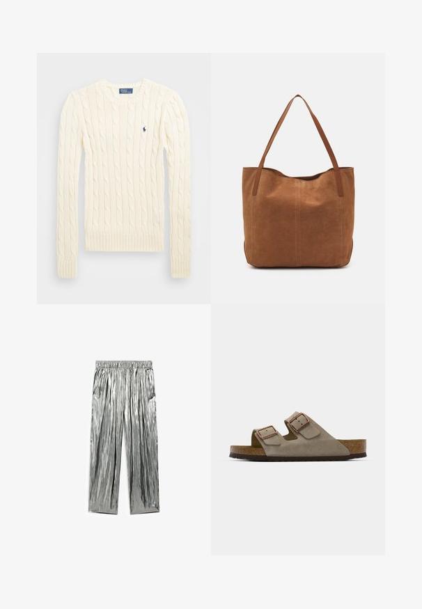 Krémový svetr s pleteným vzorem, dlouhými rukávy, žebrovanými manžetami a lemem, se malým vyšívaným logem na levé hrudi.; Metalické stříbrné kalhoty s pomačkanou texturou, vyznačující se elastickým pasem a dvěma bočními kapsami. Široký střih nohavic.; Světlé šedé semišové sandály na klínku s dvěma nastavovacími přezkami, korekovou stélkou a texturovanou gumovou podrážkou.; Hnědá semišová taška s dvěma dlouhými uchy, se hladkým povrchem, jednoduchým designem a bez viditelného kování nebo dekorací.