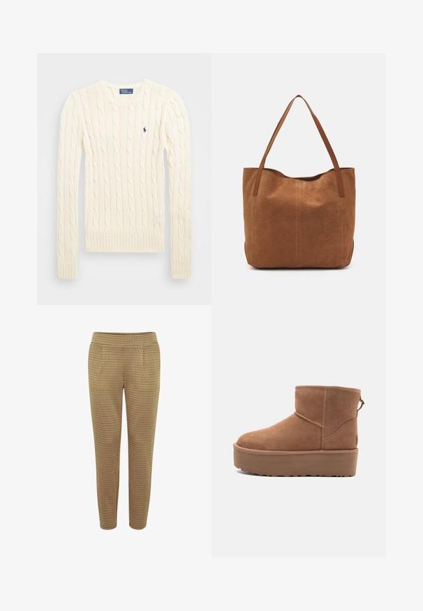 Kreminė megzta palaidinė su ilgomis rankovėmis, gumbuotais rankogaliais ir apačia, su nedideliu išsiuvinėtų logotipu kairiajame krūtinės kampe.; Rudi ruda dėvėti kelnės su prigludusia forma, elastinga juosmeniu ir dviem šoninėmis kišenėmis. Audinys turi lygią tekstūrą su languotu raštu.; Smėlio spalvos zomšiniai kulkšninių batai su platformos padu, apvaliu nosiu ir siuvinėjimo akcentais; turi kilpos užpakalinėje dalyje, kad būtų lengviau užsidėti.; Ruda zomšos pasukta rankinė su dviem ilgomis rankenomis, pasižyminti lygiu paviršiumi, paprastu dizainu ir be matomų detalių ar akcentų.