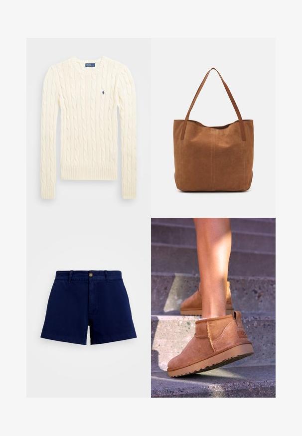 Krems krāsas adīts džempers ar garām piedurknēm, ribotām aprocēm un apakšmalu, ar nelielu izšūtu logotipu kreisajā krūtī.; Tumši zili kokvilnas šorti ar taisnu griezumu, ar apmali pievērstām malām, jostu cilpiņām un vienu pogu aizdari. Gluda, izturīga auduma struktūra bez rakstiem.; Dzeltenbrūnas zamšādas potīšu zābaciņi ar mīkstu tekstūru, izšūtu apdari un gumijas zoli, kas aprīkoti ar cilpu uz papēža ērtai uzvilkšanai.; Brūns zamša tote somas ar divām garām rokturiem, ar gludu tekstūru, vienkāršu dizainu un bez redzamām aparatūrām vai akcentiem.