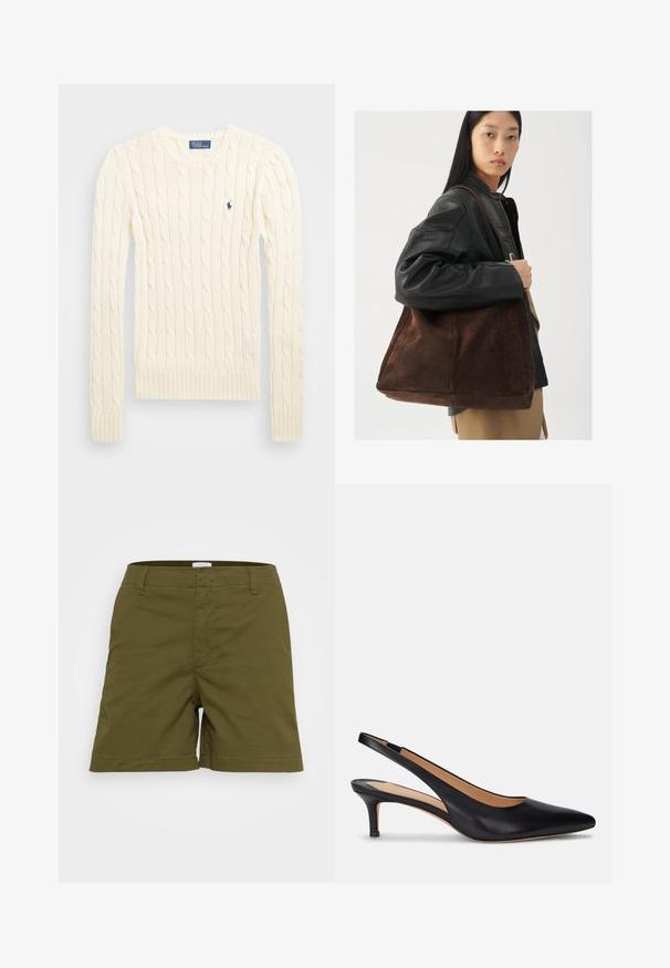 Krems krāsas adīts džempers ar garām piedurknēm, ribotām aprocēm un apakšmalu, ar nelielu izšūtu logotipu kreisajā krūtī.; Olīvu zaļas šorts, kas izgatavoti no viegla auduma, ar klasisku piegriezumu un taisnu apakšmalu, kā arī priekšējām kabatām. Plakana josta ar cilpiņām.; Melnas ādas siksnīšu pumpas ar norādītu purngalu, zemu kaķu papēdi un gludu tekstūru. Iezīmējas ar atvērtu aizmuguri un minimālu šuvju detalizāciju.; Sieviete melnā ādas jakā un bēšos biksēs nēsā lielu brūnu zamšādas somu pār plecu.