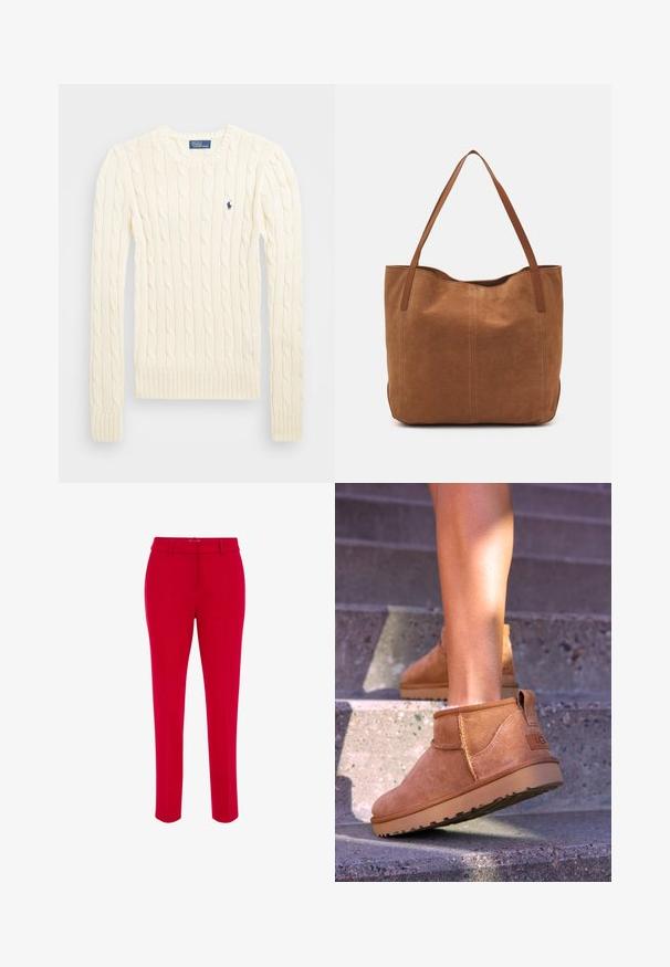 Krémový svetr s pleteným vzorem, dlouhými rukávy, žebrovanými manžetami a lemem, se malým vyšívaným logem na levé hrudi.; WE Fashion SLIM FIT - Chino kalhoty - red; Světlé semišové kotníkové boty s měkkou strukturou, prošívanými detaily a gumovou podrážkou, s okrouhlým podpatkem pro snadné obouvání.; Hnědá semišová taška s dvěma dlouhými uchy, se hladkým povrchem, jednoduchým designem a bez viditelného kování nebo dekorací.