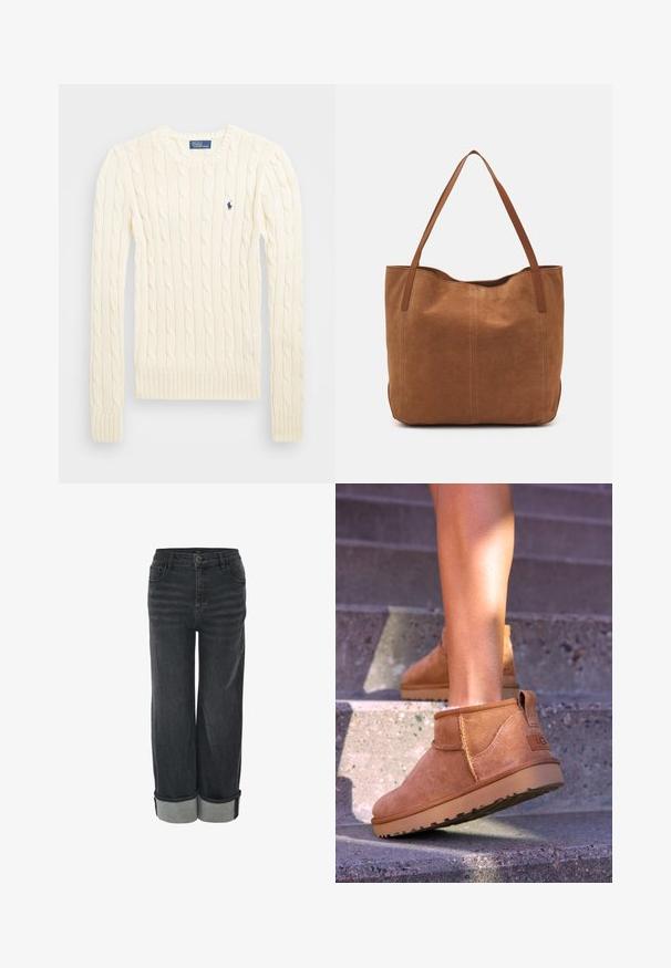 Cream cable-knit sweater with long sleeves, ribbed cuffs and hem, featuring a small embroidered logo on the left chest.; High-waisted, wide-leg jeans in dark gray denim with rolled cuffs and a button closure; features front pockets and a smooth texture.; Tan suede ankle boots with a soft texture, stitched detailing, and a rubber sole, featuring a looped heel for easy wear.; Brown suede tote bag with two long handles, featuring a smooth texture, simple design, and no visible hardware or accents.
