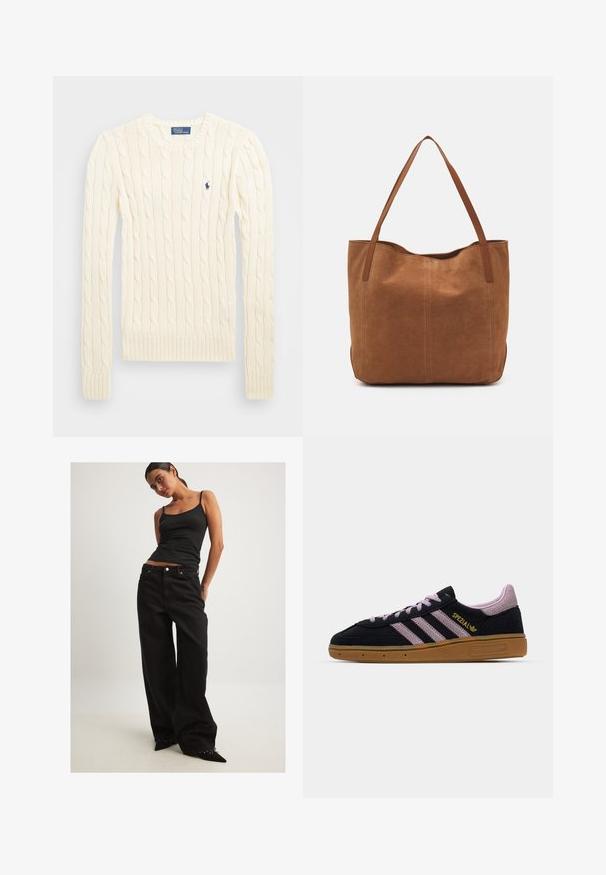 Krems krāsas adīts džempers ar garām piedurknēm, ribotām aprocēm un apakšmalu, ar nelielu izšūtu logotipu kreisajā krūtī.; Melni platajā kāju džinsi, izgatavoti no denima, ar augstu jostasvietu, priekšējām kabatām un sudraba elementiem. Apvienoti ar pieguļošu melnu topu bez piedurknēm.; Melnas un rozā zamša kedas ar gumijas zoli, trīs rozā svītras, zelta "SPEZIAL" apdrukā un teksturēta gumijas zole. Zema tēla dizains.; Brūns zamša tote somas ar divām garām rokturiem, ar gludu tekstūru, vienkāršu dizainu un bez redzamām aparatūrām vai akcentiem.