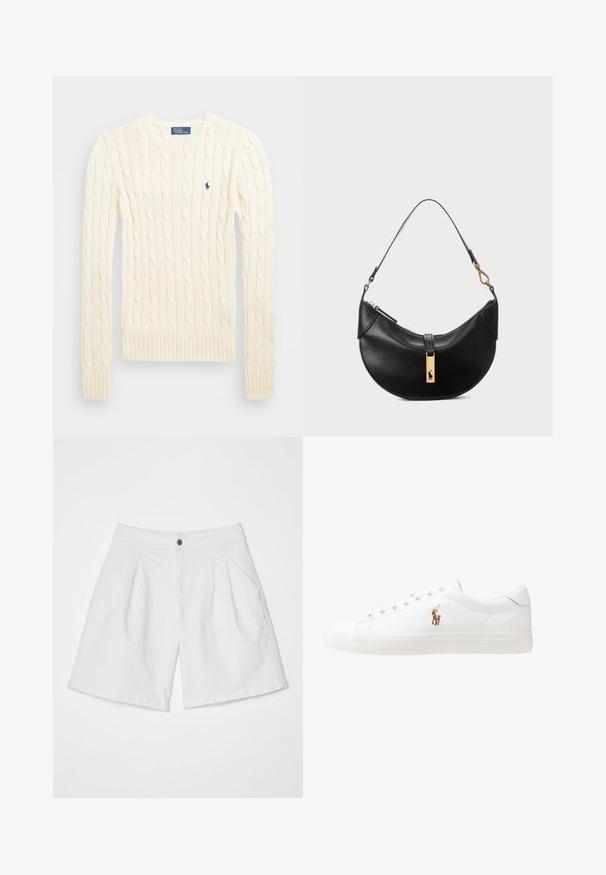 Krémový svetr s pleteným vzorem, dlouhými rukávy, žebrovanými manžetami a lemem, se malým vyšívaným logem na levé hrudi.; Bílé denimové šortky s plisovaným předním designem, které mají boční kapsy a jednobarevný černý knoflík na zapínání v pase.; Bílé kožené tenisky, nízký střih, s hladkým povrchem, kulatou špičkou, šněrováním v přední části a malým vyšitým logem na boku.; Černá kožená kabelka ve tvaru půlměsíce. Obsahuje zlaté kovové detaily a úzký popruh. Hladký povrch, zapínání na zip na vrchu.