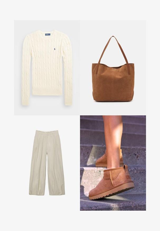 Krém színű, kabelmintás pulóver hosszú ujjal, bordás mandzsettával és aljjal, bal mellen egy kis hímzett logóval.; Beige színű, bőszárú nadrág textúrával, elülső redőkkel és illeszkedő derékrésszel. Nincsenek látható zárak vagy zsebek.; Barna nubuk bokacsizmák, puha textúrával, varrott részletekkel és gumitalpakkal, hurok alakú sarokkal a könnyű felvétel érdekében.; Barna velúr táska két hosszú fogantyúval, sima textúrával, egyszerű dizájnnal, és látható fém részek vagy díszítés nélkül.