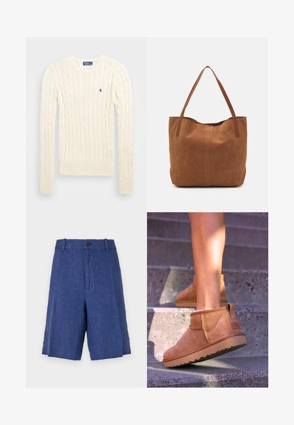 Krémový svetr s pleteným vzorem, dlouhými rukávy, žebrovanými manžetami a lemem, se malým vyšívaným logem na levé hrudi.; Modré lněné šortky s plochým předním dílem, zapínáním na knoflík a dvěma bočními kapsami. Mají uvolněný střih a hladkou texturu.; Světlé semišové kotníkové boty s měkkou strukturou, prošívanými detaily a gumovou podrážkou, s okrouhlým podpatkem pro snadné obouvání.; Hnědá semišová taška s dvěma dlouhými uchy, se hladkým povrchem, jednoduchým designem a bez viditelného kování nebo dekorací.