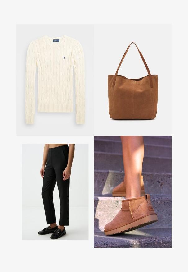 Maglione crema a costine con maniche lunghe, polsini e orlo a coste, caratterizzato da un piccolo logo ricamato sul lato sinistro del petto.; Pantaloni neri con righe sottili e vestibilità su misura, caratterizzati da una parte anteriore piatta, tasche laterali e una texture liscia. Indossati con mocassini neri.; Stivali alla caviglia in suede beige con una consistenza morbida, dettagli cuciti e suola in gomma, dotati di un tacco ad anello per una facile vestibilità.; Borsa a spalla in suede marrone con due manici lunghi, caratterizzata da una texture liscia, design semplice e senza hardware o dettagli visibili.