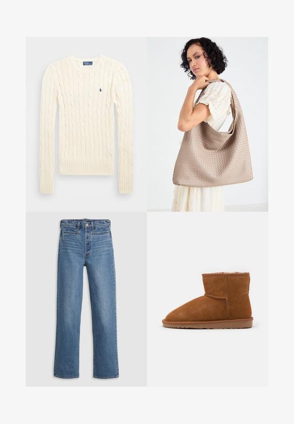 Suéter crema de punto trenzado con manga larga, puños y dobladillo acanalados, que presenta un pequeño logo bordado en el lado izquierdo del pecho.; Jeans de mezclilla de corte recto en azul claro. Sus características incluyen una bragueta con botones, cinco bolsillos y un ligero desgaste. Sin adornos ni patrones.; Botín de ante marrón hasta el tobillo con punta redondeada y forro suave, que cuenta con una suela de goma plana y detalles de costura mínimos.; Bolsa tote de color beige tejida, con un diseño holgado y una sola correa para el hombro. Presenta un patrón texturizado en toda la superficie.; Pinza para el cabello de acrílico translúcido con un sutil brillo iridiscente. Forma redondeada con seis garfios curvados para un agarre seguro del cabello.
