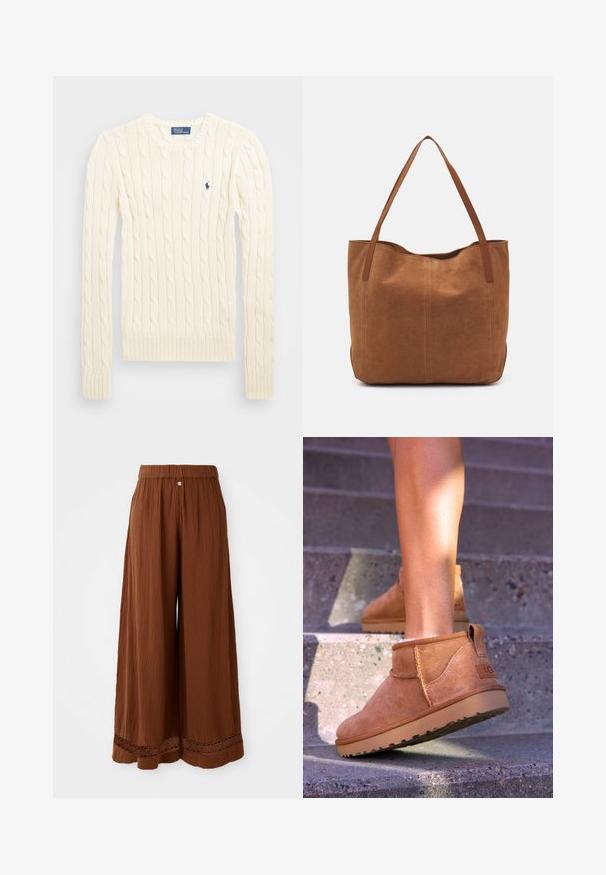Crème kabelbreiselsweater met lange mouwen, geribbelde manchetten en zoom, met een klein geborduurd logo op de linkerkant van de borst.; Wijdvallende bruine broeken gemaakt van textured stof, met een geplooide tailleband en kantdetails aan de zoom.; Tamme suède enkelboots met een zachte textuur, gestikte details en een rubberen zool, met een lusvormige hak voor gemakkelijk aan- en uittrekken.; Bruine suède shoppers met twee lange handvatten, met een gladde textuur, eenvoudig ontwerp en zonder zichtbare hardware of accenten.