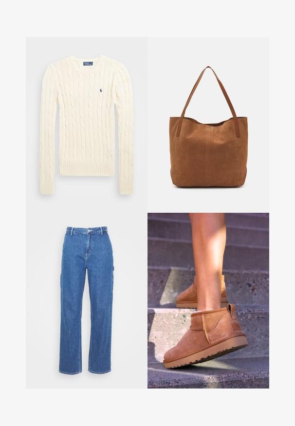 Kremfarget cable-knit genser med lange ermer, ribbede mansjetter og hem, med en liten brodert logo på venstre bryst.; Blå denim bukser med høy livhøyde og rett ben-design, med frontknappåpning og sidelommer. Glatt tekstur og ingen synlige mønstre.; Brune sued støvletter til ankelen med en myk tekstur, sydet detaljer og gummisåle, med en løkket hæl for enkel påkledning.; Brun semsketotebag med to lange håndtak, som har en glatt tekstur, enkelt design, og ingen synlig maskinvare eller aksenter.