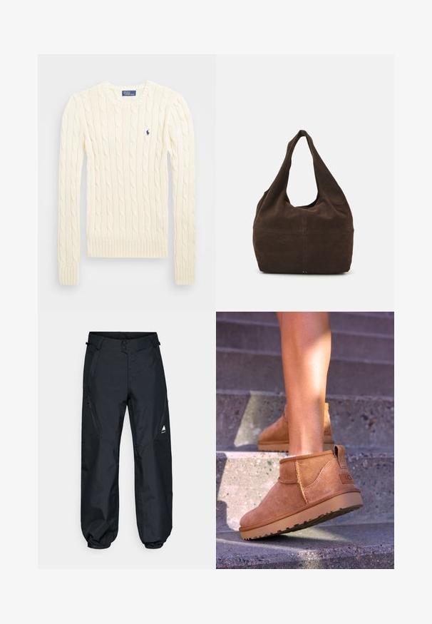 Kremowy sweter w splot kabelkowy z długimi rękawami, ściągaczami przy mankietach i u dołu, z małym haftowanym logo na lewej piersi.; Czarne wodoodporne spodnie o gładkiej fakturze, elastycznych mankietach, zamykanych na zamek kieszeniach bocznych oraz z logo górskim na dolnej części nogawki.; Brązowe zamszowe botki za kostkę o miękkiej teksturze, z przeszyciami i gumową podeszwą, wyposażone w pętelkę na pięcie dla łatwego zakładania.; Brązowa zamszowa torba na ramię w stylu hobo. Posiada szerokie otwarcie, miękką teksturę i bezszwowy, zaokrąglony uchwyt, co ułatwia noszenie.