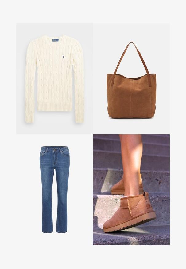 Maglione crema a costine con maniche lunghe, polsini e orlo a coste, caratterizzato da un piccolo logo ricamato sul lato sinistro del petto.; Jeans in denim blu con un design a gamba dritta, vita aderente, passanti per cintura, cinque tasche e un piccolo bottone marrone in vita.; Stivali alla caviglia in suede beige con una consistenza morbida, dettagli cuciti e suola in gomma, dotati di un tacco ad anello per una facile vestibilità.; Borsa a spalla in suede marrone con due manici lunghi, caratterizzata da una texture liscia, design semplice e senza hardware o dettagli visibili.