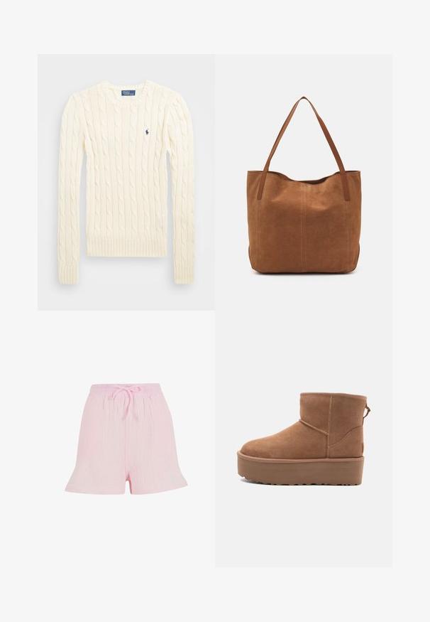 Krém színű, kabelmintás pulóver hosszú ujjal, bordás mandzsettával és aljjal, bal mellen egy kis hímzett logóval.; Világos rózsaszín, texturált anyagból készült rövidnadrág, rugalmas derékkal, zsinóros megkötéssel és laza, bővülő sziluettel.; Barna suede bokacsizma platform talppal, lekerekített orral és varrás részletekkel; a hátsó részen húzófül található a könnyű felhúzás érdekében.; Barna velúr táska két hosszú fogantyúval, sima textúrával, egyszerű dizájnnal, és látható fém részek vagy díszítés nélkül.