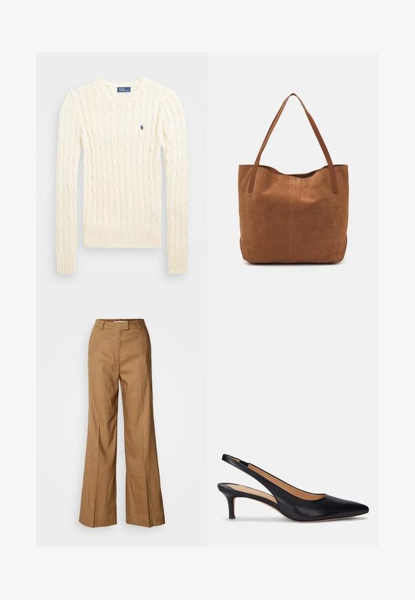 Krém színű, kabelmintás pulóver hosszú ujjal, bordás mandzsettával és aljjal, bal mellen egy kis hímzett logóval.; Barna, széles szárú nadrág könnyű anyagból. Jellemzője a sima elülső rész, övhurkok és az alakra szabott sziluett, boka hosszúságú kivitelben.; Fekete bőr csatolt pumpa hegyes orral, alacsony, kis sarokkal és sima textúrával. Jellemzője a nyitott hátsó rész és a minimális varrási részletek.; Barna velúr táska két hosszú fogantyúval, sima textúrával, egyszerű dizájnnal, és látható fém részek vagy díszítés nélkül.