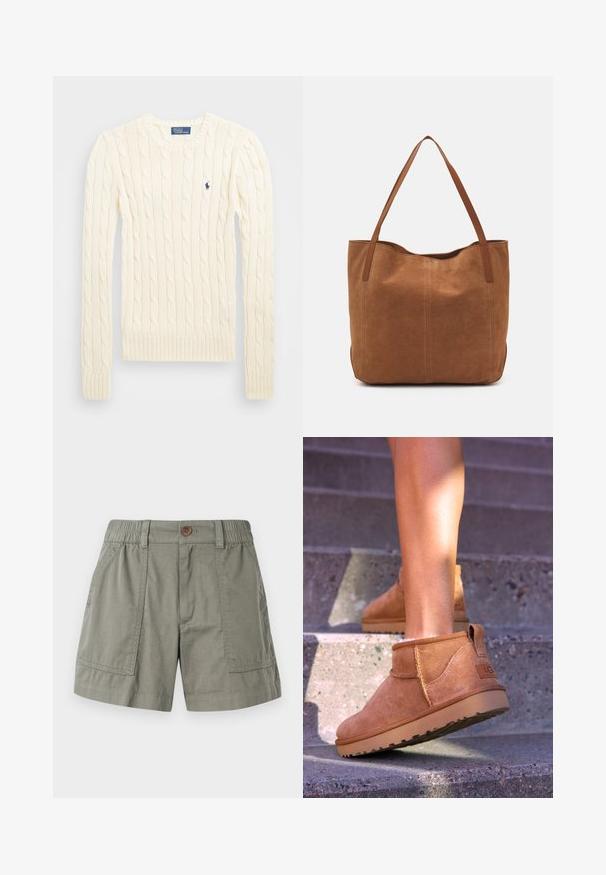 Kremfarget cable-knit genser med lange ermer, ribbede mansjetter og hem, med en liten brodert logo på venstre bryst.; Lyse olivengrønne shorts laget av bomullsblandingsstoff, med elastisk midjebånd, frontlommer og en enkelt knappelukking.; Brune sued støvletter til ankelen med en myk tekstur, sydet detaljer og gummisåle, med en løkket hæl for enkel påkledning.; Brun semsketotebag med to lange håndtak, som har en glatt tekstur, enkelt design, og ingen synlig maskinvare eller aksenter.