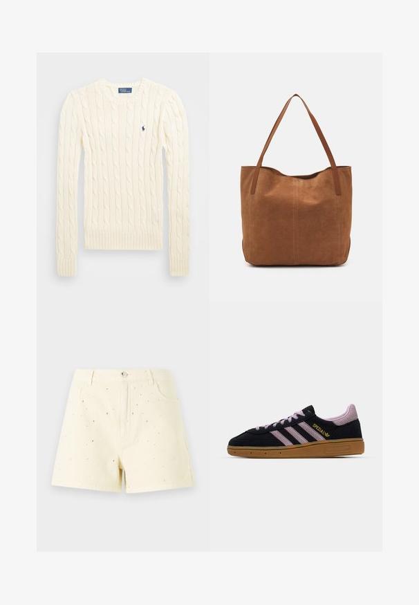 Krems krāsas adīts džempers ar garām piedurknēm, ribotām aprocēm un apakšmalu, ar nelielu izšūtu logotipu kreisajā krūtī.; Dzelteni džinsu šorti ar augstu jostasvietu un brīvu piegriezumu, kas ir rotāti ar maziem sudraba kniedēm izkaisītiem pa priekšpusi, lai pievienotu detali.; Melnas un rozā zamša kedas ar gumijas zoli, trīs rozā svītras, zelta "SPEZIAL" apdrukā un teksturēta gumijas zole. Zema tēla dizains.; Brūns zamša tote somas ar divām garām rokturiem, ar gludu tekstūru, vienkāršu dizainu un bez redzamām aparatūrām vai akcentiem.