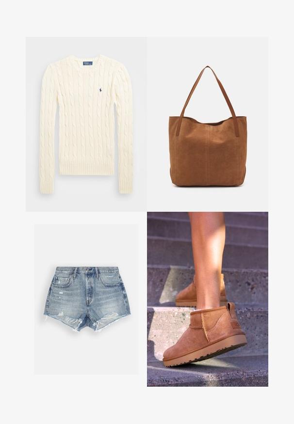 Suéter crema de punto trenzado con manga larga, puños y dobladillo acanalados, que presenta un pequeño logo bordado en el lado izquierdo del pecho.; Shorts de mezclilla en azul claro con un acabado desgastado. Presentan dobladillos desflecados y dos bolsillos frontales. Cierre de botón en la cintura.; Botas de tobillo de ante color beige con una textura suave, detalles de costura y una suela de goma, que cuentan con un tacón en bucle para facilitar su uso.; Bolso tote de ante marrón con dos asas largas, que presenta una textura suave, un diseño simple y sin herrajes ni acentos visibles.