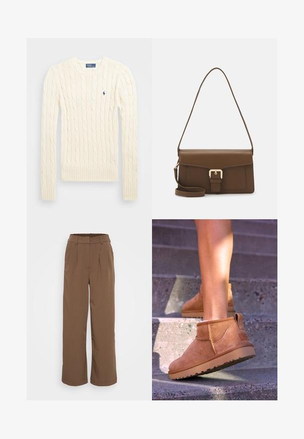 Krem pulover s pletenim kabelskim uzorkom, dugih rukava, s rebrastim manžetama i rubom, s malim izvezenim logotipom na lijevoj strani prsiju.; Smeđe hlače širokih nogavica s plisama, elastičnim pojasom i glatkom teksturom. Ima klasičan dizajn prikladan za razne kombinacije odjeće.; Smešane čizme od tan velura s mekim tekstilom, sa šavnim detaljima i gumenim đonom, te petom s petljom za lako obuvanje.; Smeđa kožna torba s pravokutnim oblikom, koja ima prednji preklop, zlatne dodatke i dugu, podesivu naramenicu.