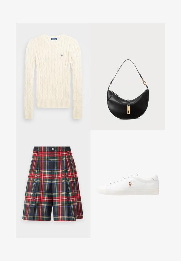 Crème kabelbreiselsweater met lange mouwen, geribbelde manchetten en zoom, met een klein geborduurd logo op de linkerkant van de borst.; Polo Ralph Lauren FLAT FRONT - Shorts - red/multi; Witte leren sneakers, laag model, met een gladde textuur, ronde neus, vetersluiting aan de voorkant en een klein geborduurd logo aan de zijkant.; Zwarte leren handtas in een halve maanvorm. Voorzien van een gouden hardware accent en een smalle schouderband. Soepele textuur, ritssluiting aan de bovenkant.