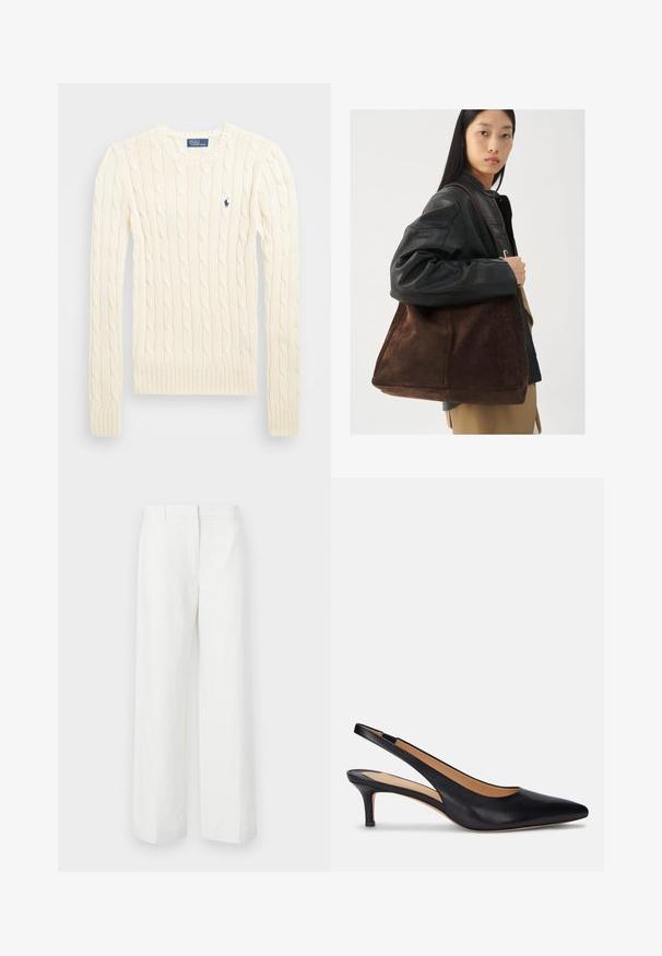 Crème kabelbreiselsweater met lange mouwen, geribbelde manchetten en zoom, met een klein geborduurd logo op de linkerkant van de borst.; Witte wijde broek met een soepele textuur, voorzien van een rechte voorkant en persplooien. Gemaakt van lichtgewicht stof, zonder zichtbare patronen.; Zwarte leren slingback pump met een spitse neus, lage kittenhak en een gladde textuur. Heeft een open achterkant en minimale stikseldetails.; Vrouw in zwarte leren jas en beige broek draagt grote bruine suède schoudertas.