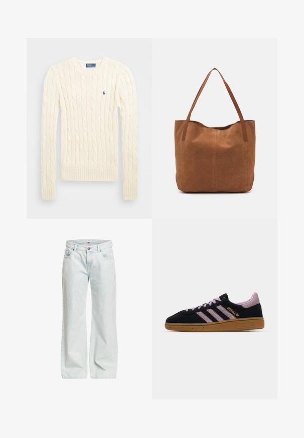Krémový svetr s pleteným vzorem, dlouhými rukávy, žebrovanými manžetami a lemem, se malým vyšívaným logem na levé hrudi.; Světle modré široké džíny vyrobené z denimu, s knoflíkovým zapínáním, pěti kapsami a mírně vybledlou texturou po celé ploše.; Černé a růžové semišové tenisky s gumovou podrážkou, třemi růžovými pruhy, zlatým brandingem "SPEZIAL" a texturovanou gumovou podrážkou. Nízký střih.; Hnědá semišová taška s dvěma dlouhými uchy, se hladkým povrchem, jednoduchým designem a bez viditelného kování nebo dekorací.
