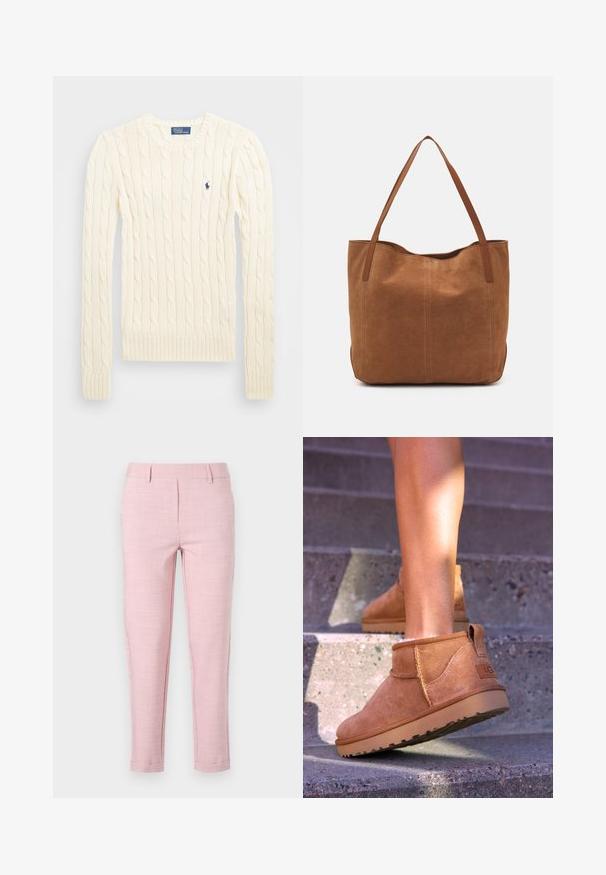 Pulover crem tricotat cu cablu, cu mâneci lungi, manșete și tiv ribdate, având un mic logo brodat pe pieptul stâng.; Pantaloni roz deschis, realizați dintr-un material texturat. Croială dreaptă, cu talie, pliseuri frontale și picioare îngustate. Fără buzunare vizibile.; Botine bej din suede cu o textură moale, detalii cusute și o talpă din cauciuc, având un călcâi cu buclă pentru o utilizare ușoară.; Geantă tote din suede maro, cu două mânere lungi, caracterizată printr-o textură netedă, un design simplu și fără accesorii sau elemente metalice vizibile.