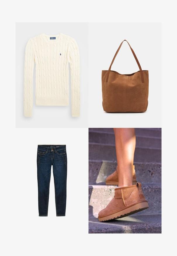 Krem pulover s pletenim kabelskim uzorkom, dugih rukava, s rebrastim manžetama i rubom, s malim izvezenim logotipom na lijevoj strani prsiju.; Tamno plave traperice slim kroja, s narančastim šavovima, pet džepova i kopčanjem na gumbu u struku.; Smešane čizme od tan velura s mekim tekstilom, sa šavnim detaljima i gumenim đonom, te petom s petljom za lako obuvanje.; Smeđi nubuk torba s dugim ručkama, s glatkom teksturom, jednostavnim dizajnom i bez vidljivih metalnih dijelova ili akcenata.