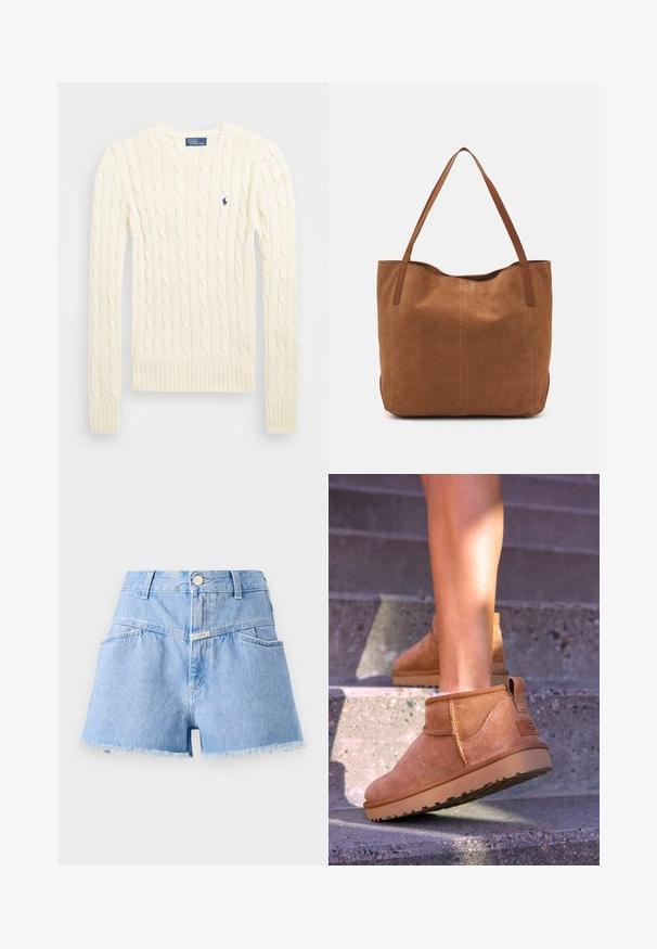 Kreminė megzta palaidinė su ilgomis rankovėmis, gumbuotais rankogaliais ir apačia, su nedideliu išsiuvinėtų logotipu kairiajame krūtinės kampe.; Šviesiai mėlyni džinsiniai šortai su aukštu liemeniu, nusidėvėjusiu kraštu ir penkiomis kišenėmis. Priekyje yra sidabrinė knopkė ir nedidelė prekinio ženklo etiketė.; Samaniniai suknelės auliniai batai su minkšta tekstūra, siūlės detalėmis ir guminiu padu, su kilpiniu kulnu, kad būtų patogu užsivilkti.; Ruda zomšos pasukta rankinė su dviem ilgomis rankenomis, pasižyminti lygiu paviršiumi, paprastu dizainu ir be matomų detalių ar akcentų.