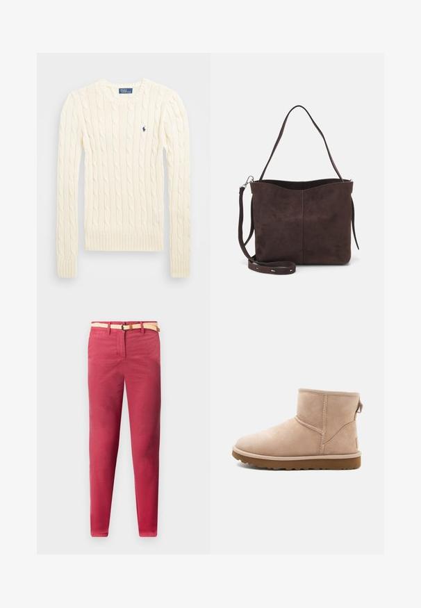 Krem pulover s pletenim kabelskim uzorkom, dugih rukava, s rebrastim manžetama i rubom, s malim izvezenim logotipom na lijevoj strani prsiju.; Crvene pamučne hlače slim fit kroja, sa tkanim bež remenom i prednjim džepovima, glatke teksture i ravnim nogavicama.; Bež antilop čizme do gležnja s zaobljenim vrhom, šivenim detaljima i teksturiranom smeškom gumom. Ima pull tab na poleđini.; Smeđa suđena torba s mekanom teksturom, s jednim remenom za rame i suptilno zakrivljenim gornjim otvorom. Nema vidljivih dijelova od hardvera.